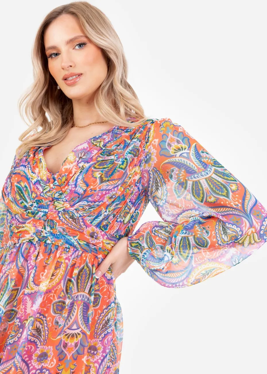 Lovedrobe Multi V-Neck Blouson Sleeve Gathered Midaxi Dress
