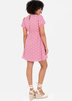 Lovedrobe Pink Floral Embroidered Short Sleeve Faux Wrap Mini Dress