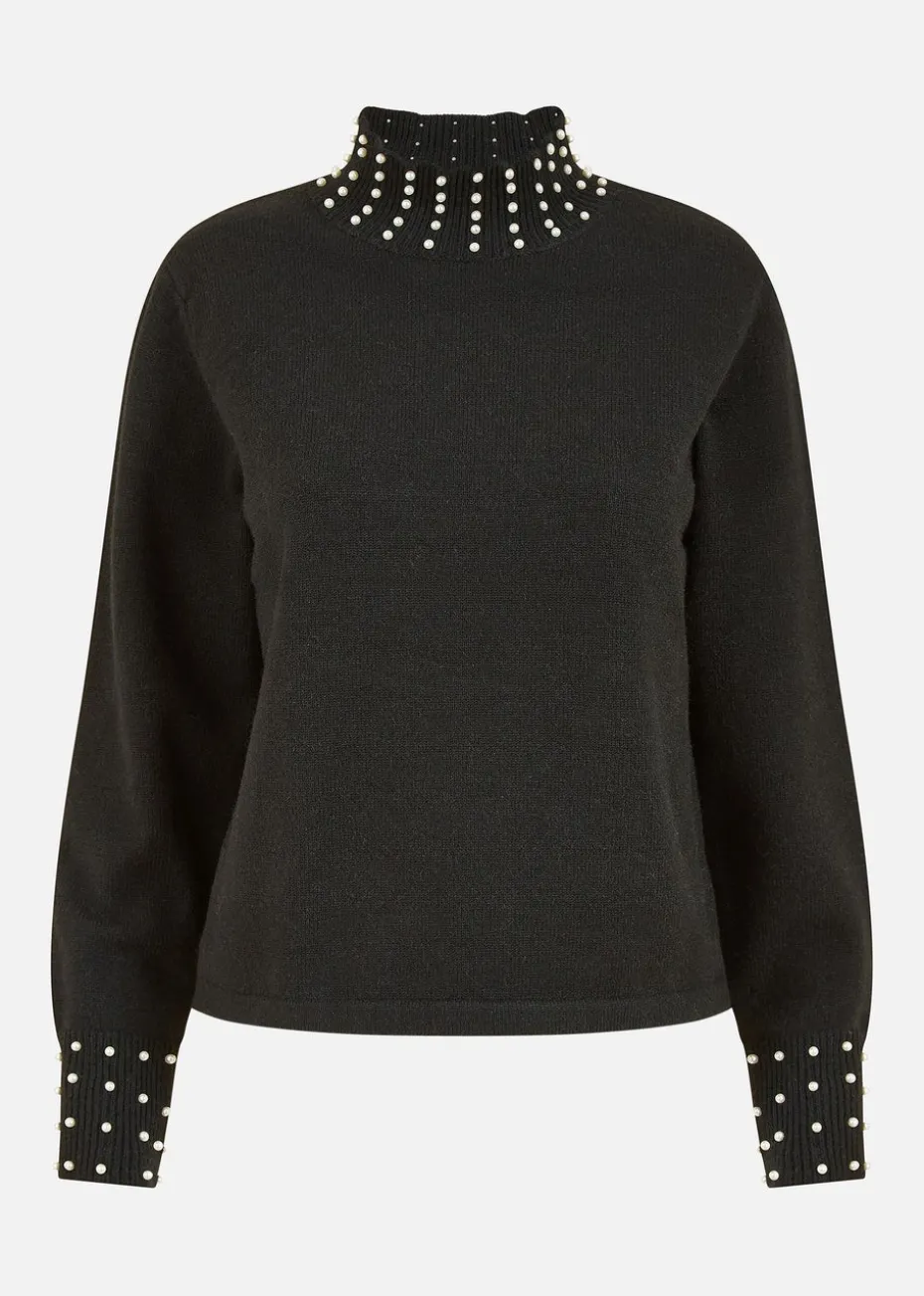 Mela Black Pearl Detail High Neck Jumper