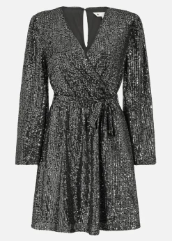 Mela Black Sequin Belted Wrap Long Sleeve Dress