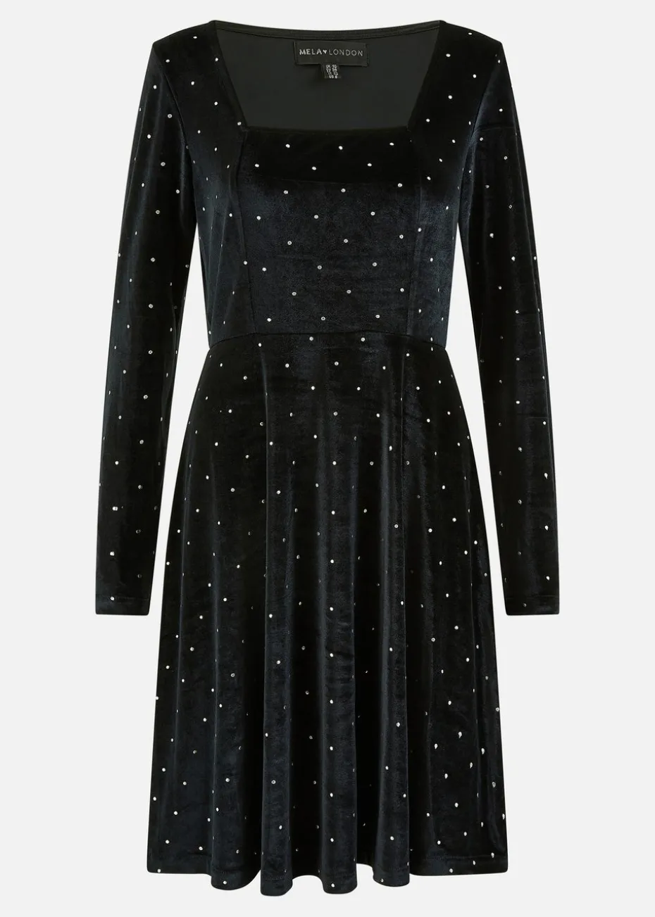 Mela Black Skater Dress With Diamantes and Long Sleeve