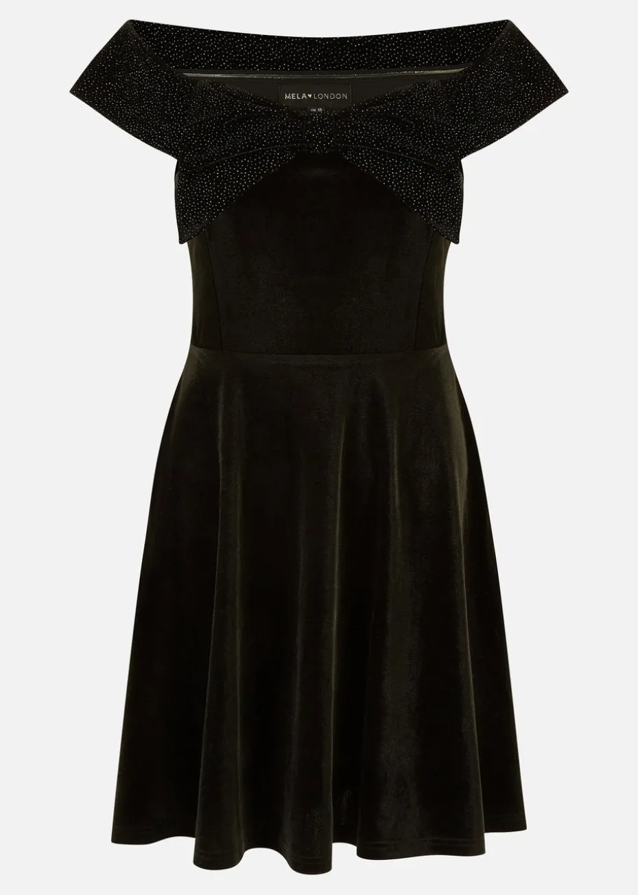 Mela Black Velvet Skater Dress With Sparkle Bow Neckline
