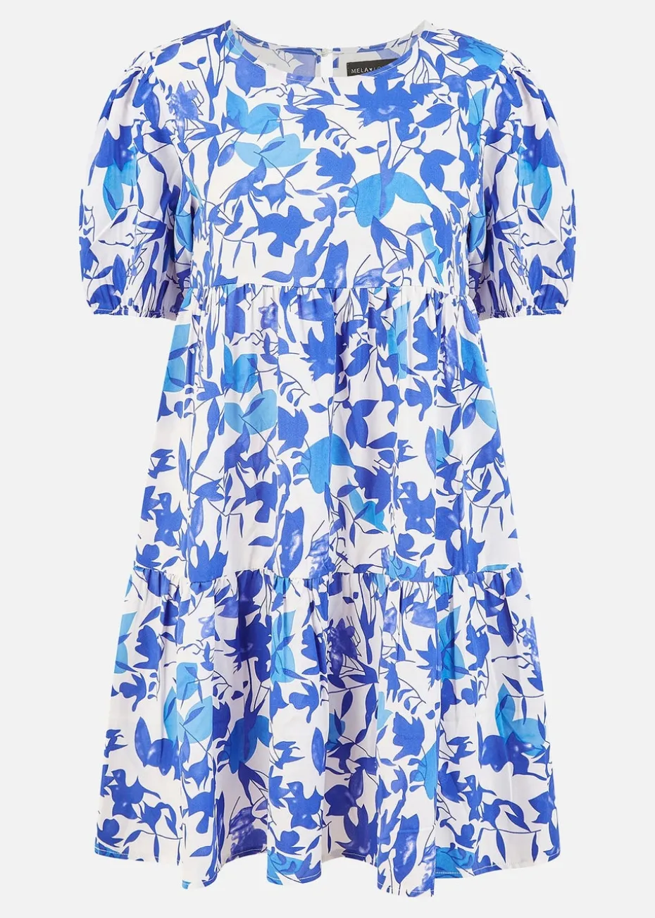 Mela Blue Leaf Print Tunic Skater Dress