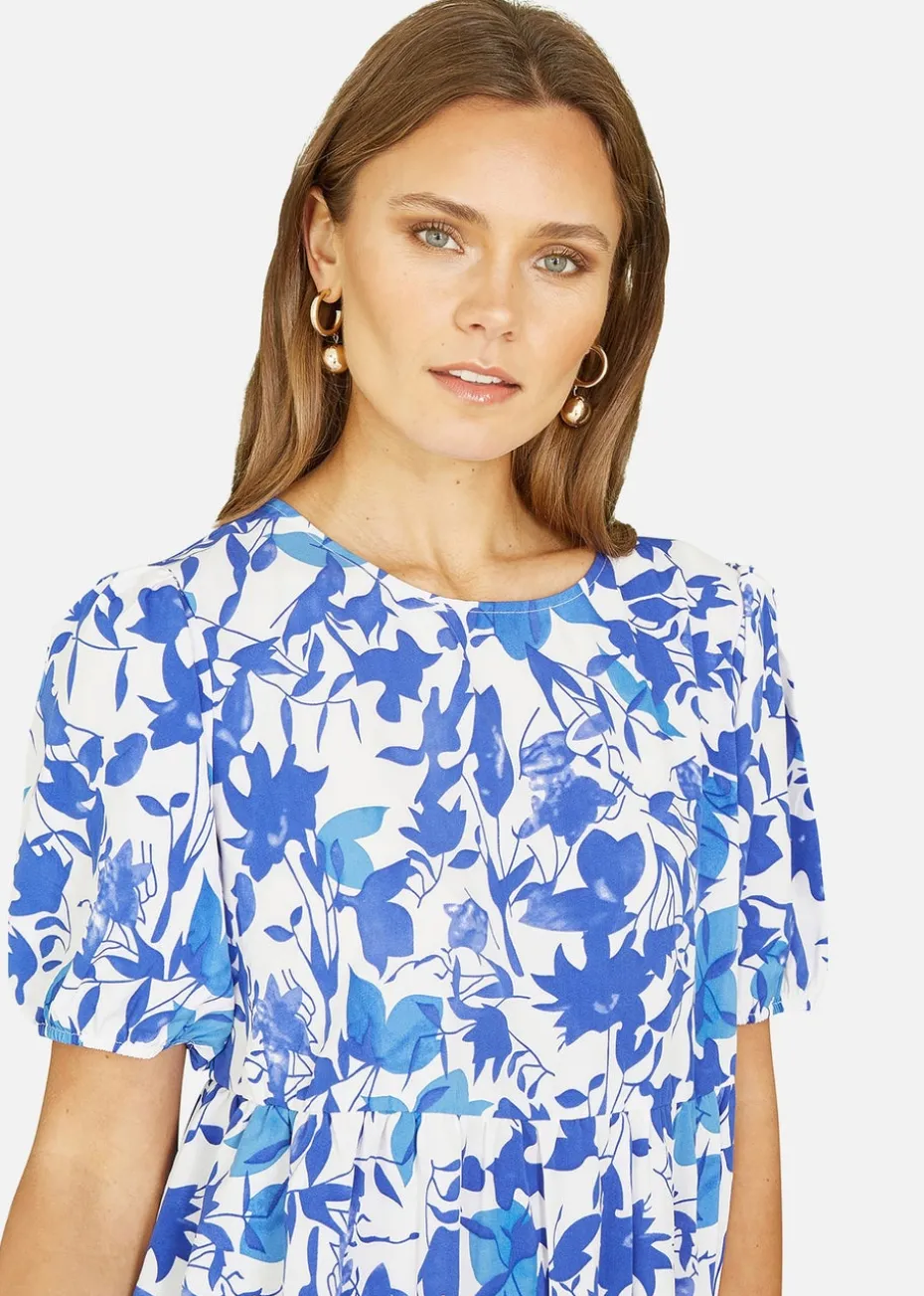 Mela Blue Leaf Print Tunic Skater Dress