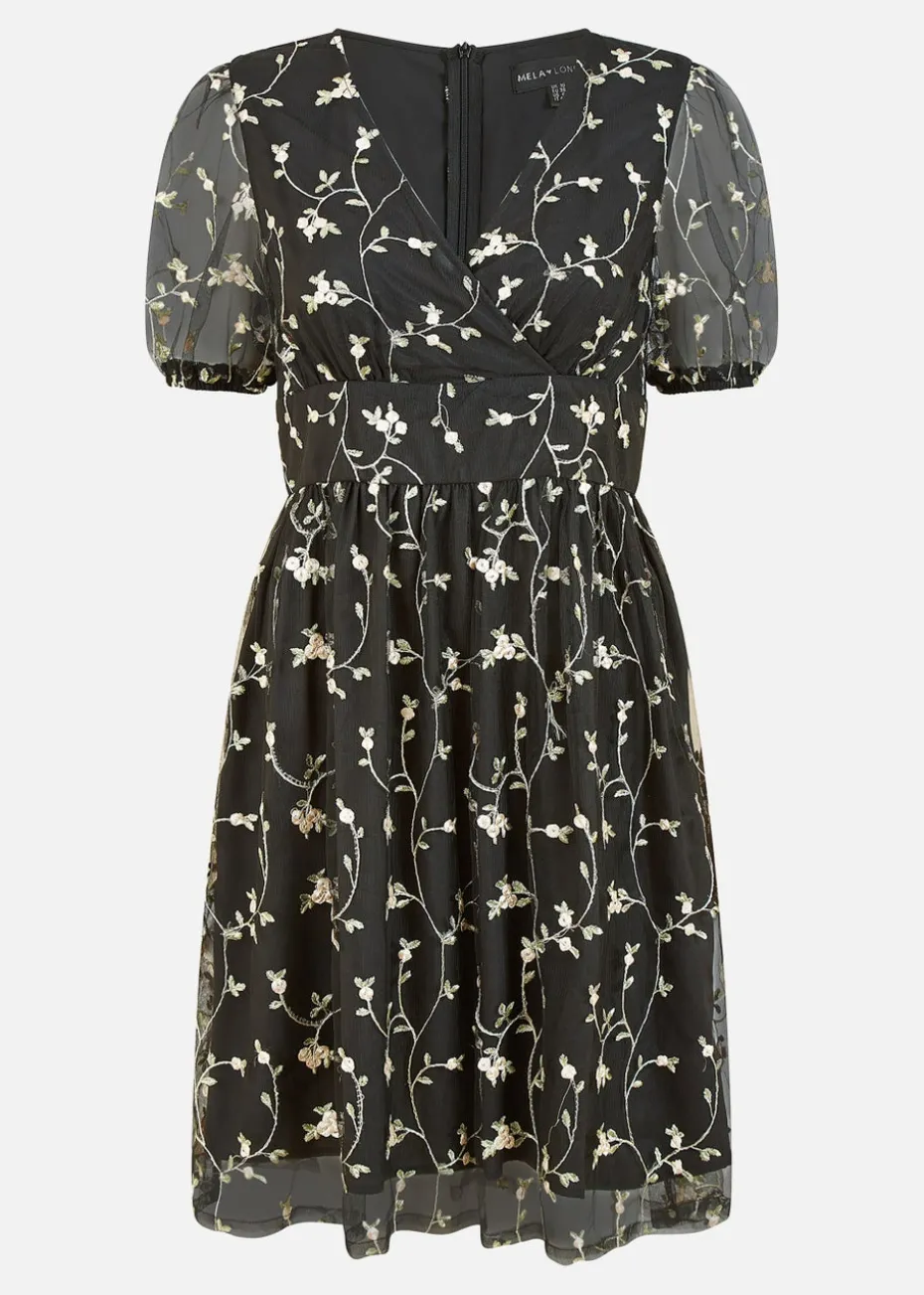 Mela Embroidery Mesh Skater Dress In Black