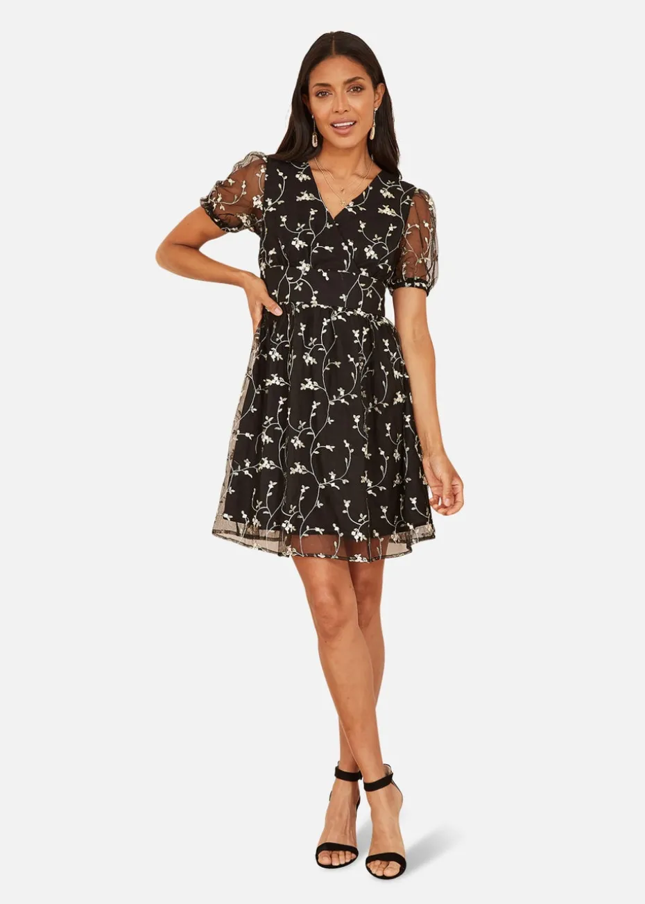 Mela Embroidery Mesh Skater Dress In Black