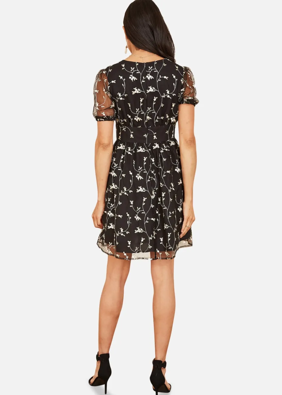 Mela Embroidery Mesh Skater Dress In Black
