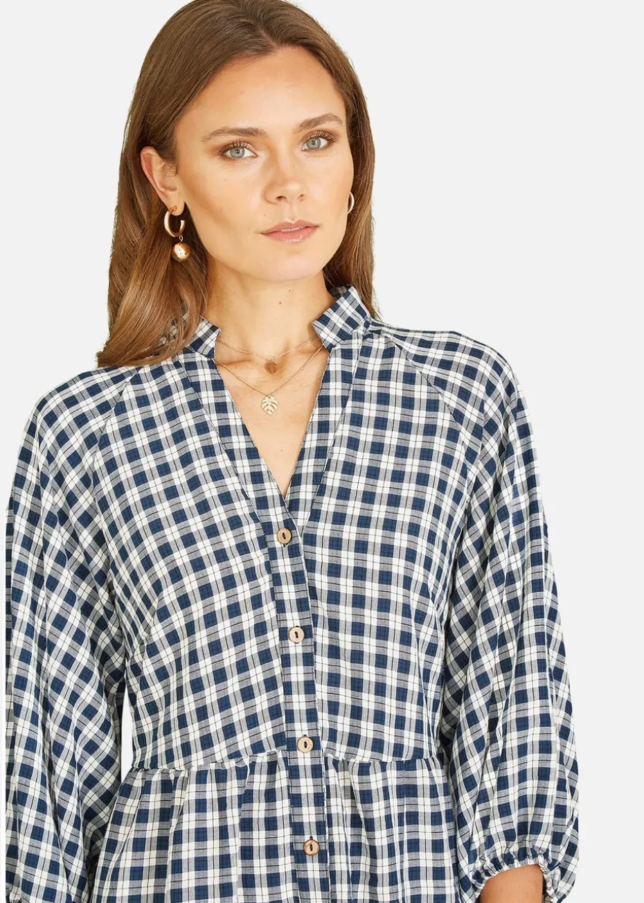 Mela Navy Cotton Checked Button Through Tunic Dress