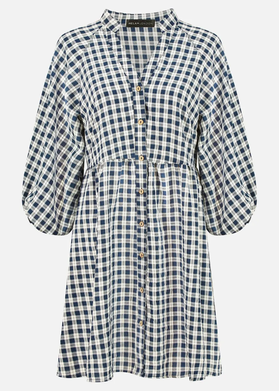 Mela Navy Cotton Checked Button Through Tunic Dress