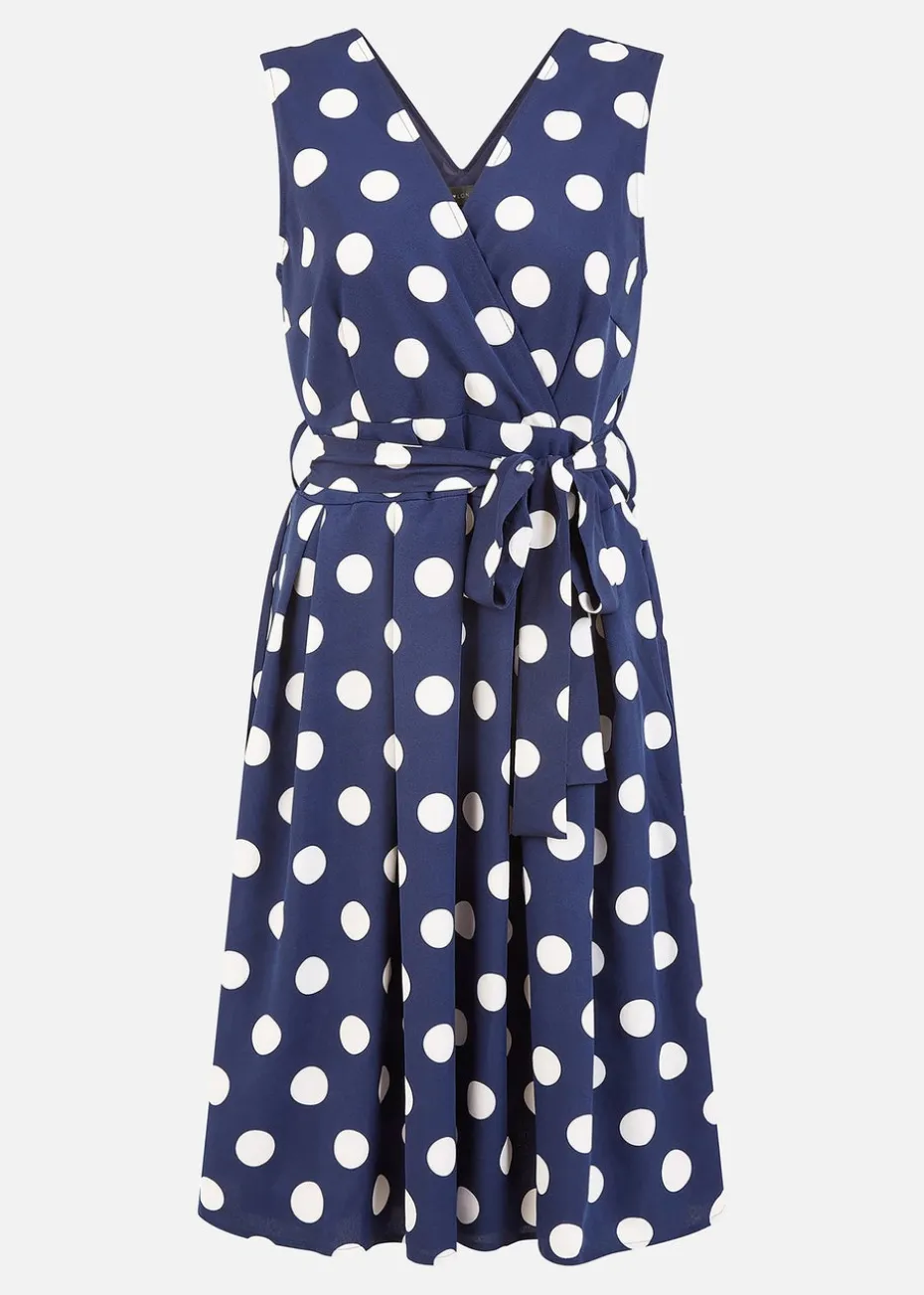 Mela Navy Spot Print Wrap Over Skater Dress