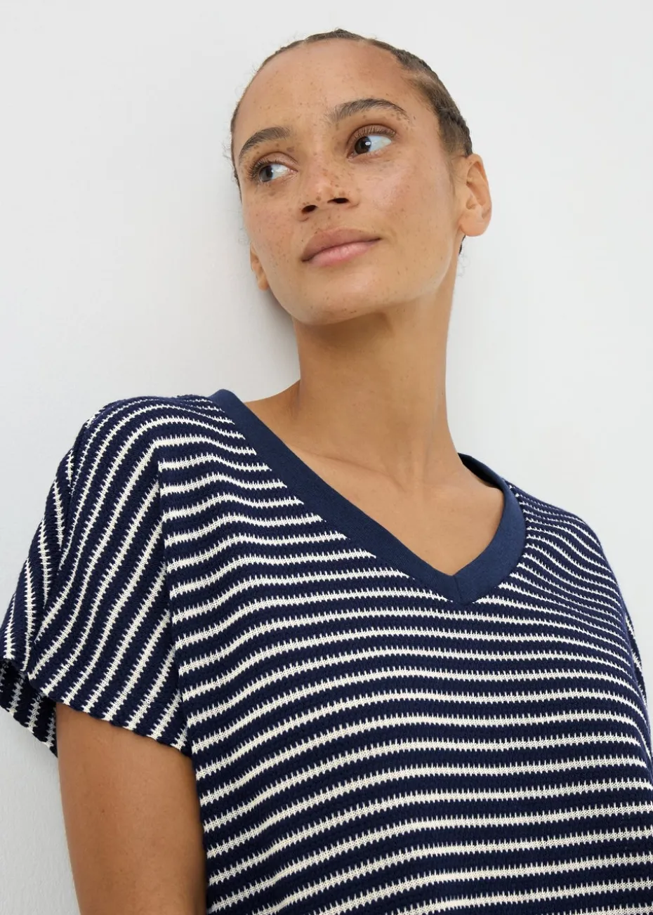 Navy Stripe Textured V Neck Crop Top