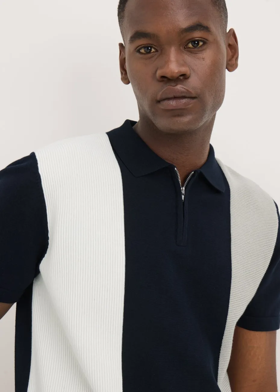 Navy Stripe Textured Zip Polo Shirt