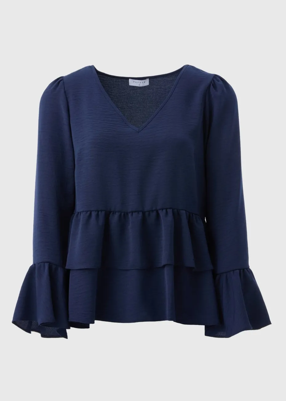 Navy V-Neck Ruffle Blouse
