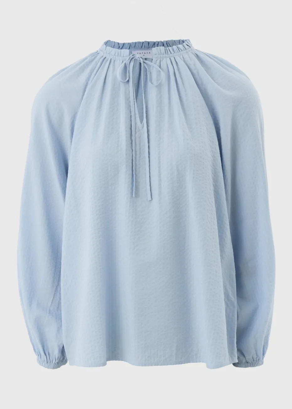 Pale Blue Boho Textured Tie Neck Blouse