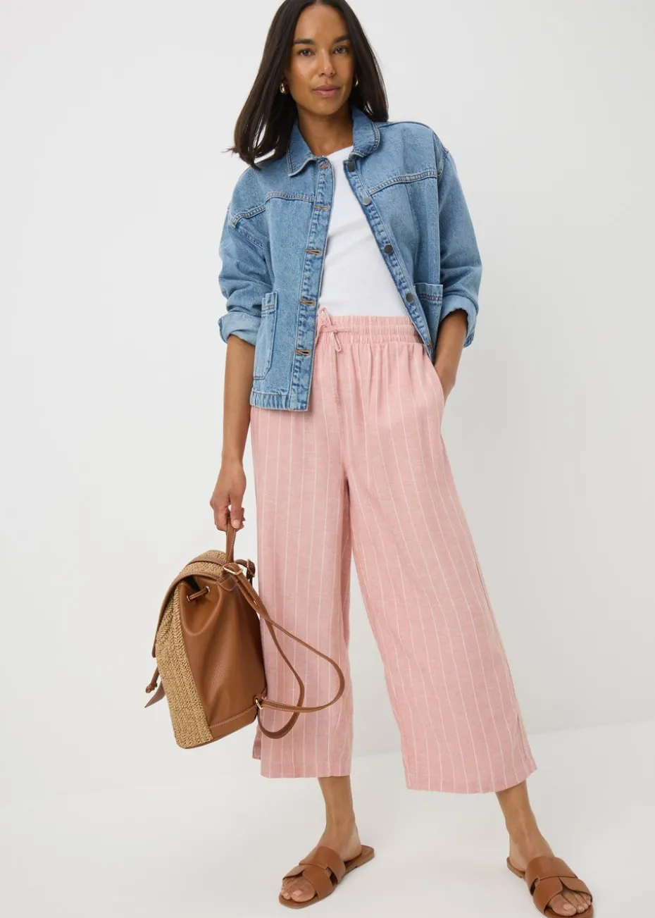 Pale Pink Linen Blend Stripe Wide Leg Cropped Trousers
