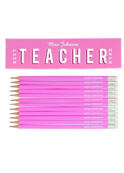 Personalised Memento Company Pink Best Teacher Ever Box with 12 Pink HB Pencils