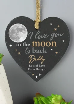 Personalised Memento Company Moon & Back Slate Heart Decoration