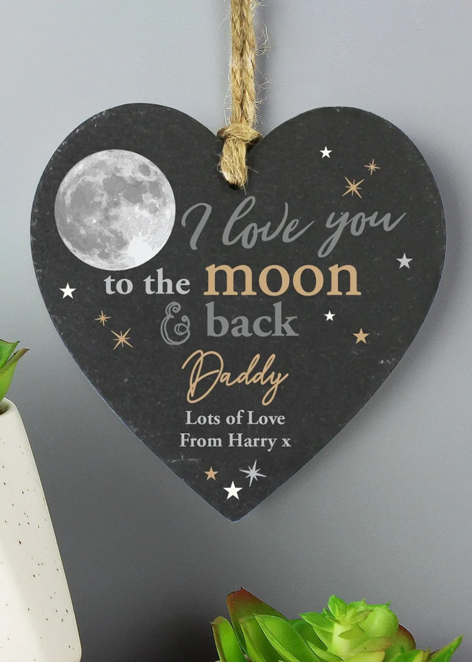 Personalised Memento Company Moon & Back Slate Heart Decoration