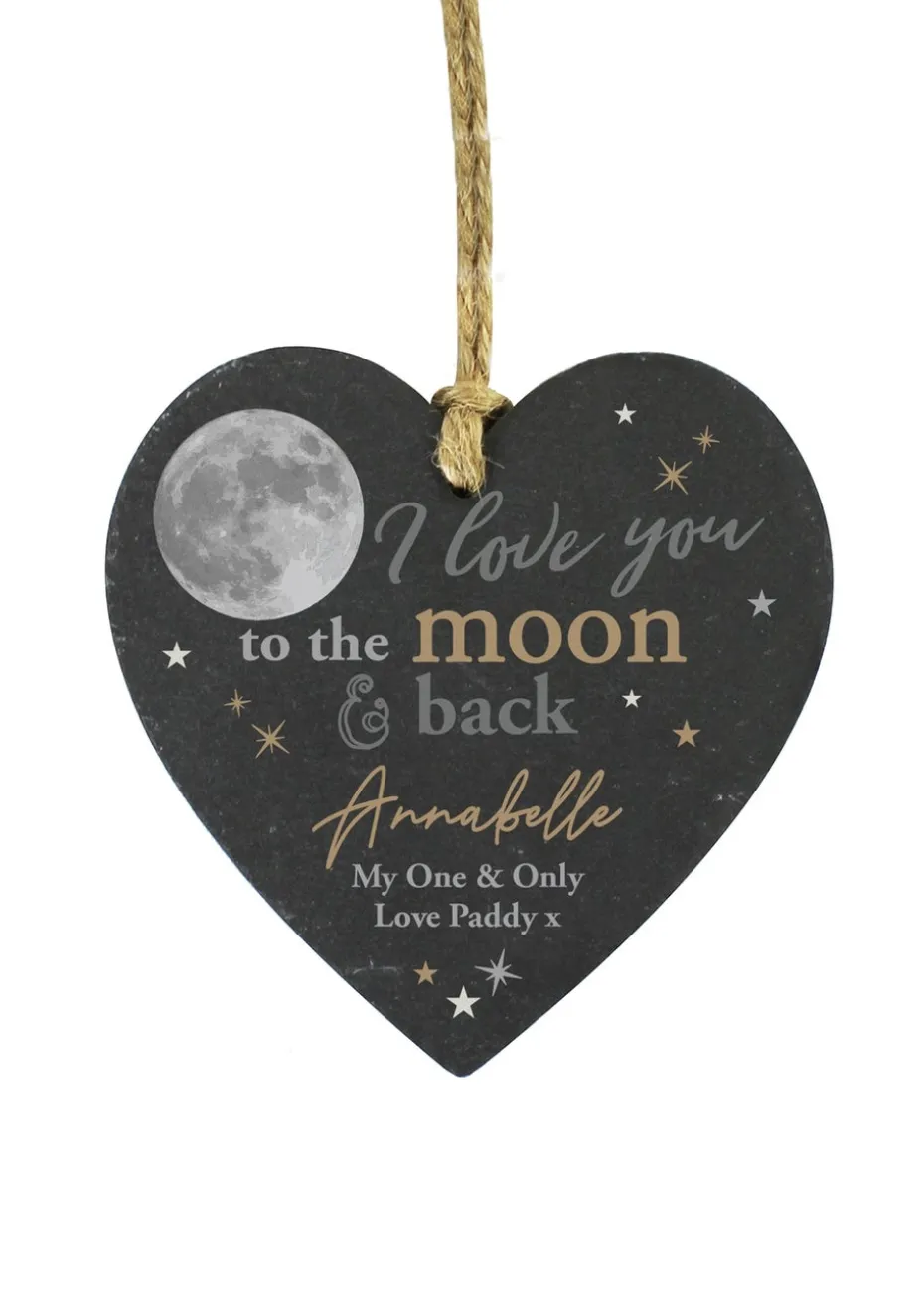 Personalised Memento Company Moon & Back Slate Heart Decoration