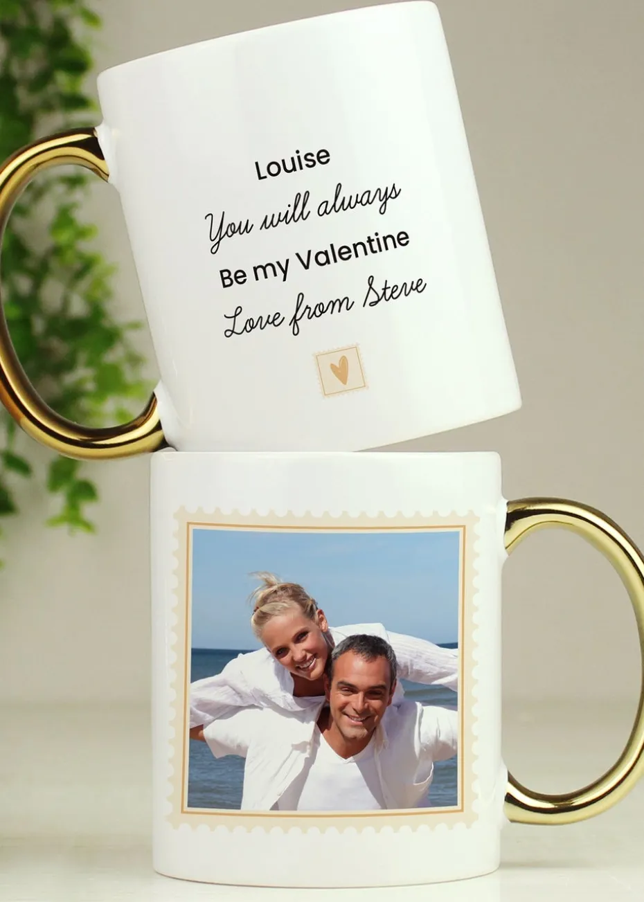 Personalised Memento Company White Photo Upload Heart Gold Handled Mug