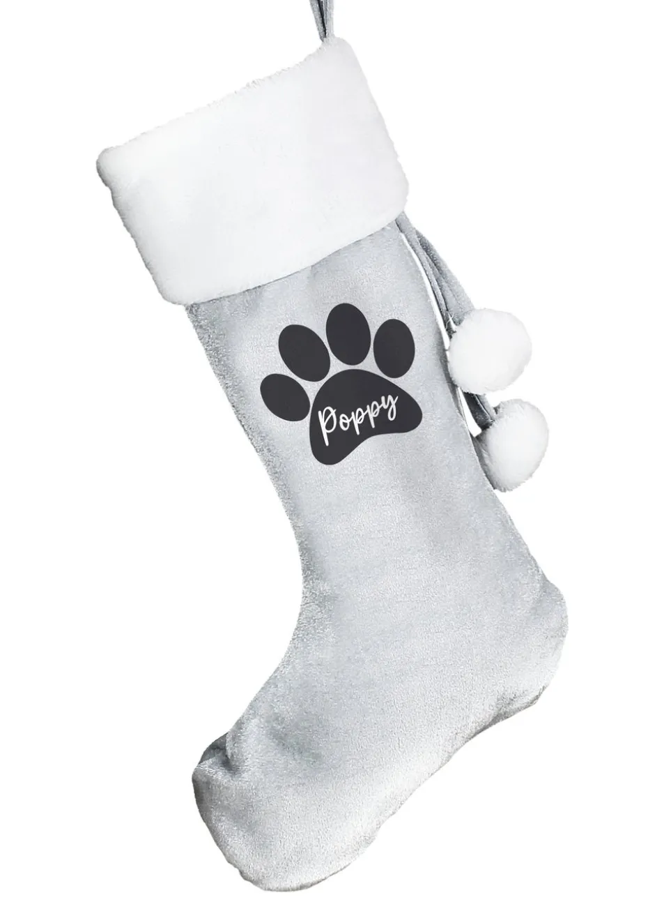 Personalised Memento Company Grey Paw Print Silver Stocking
