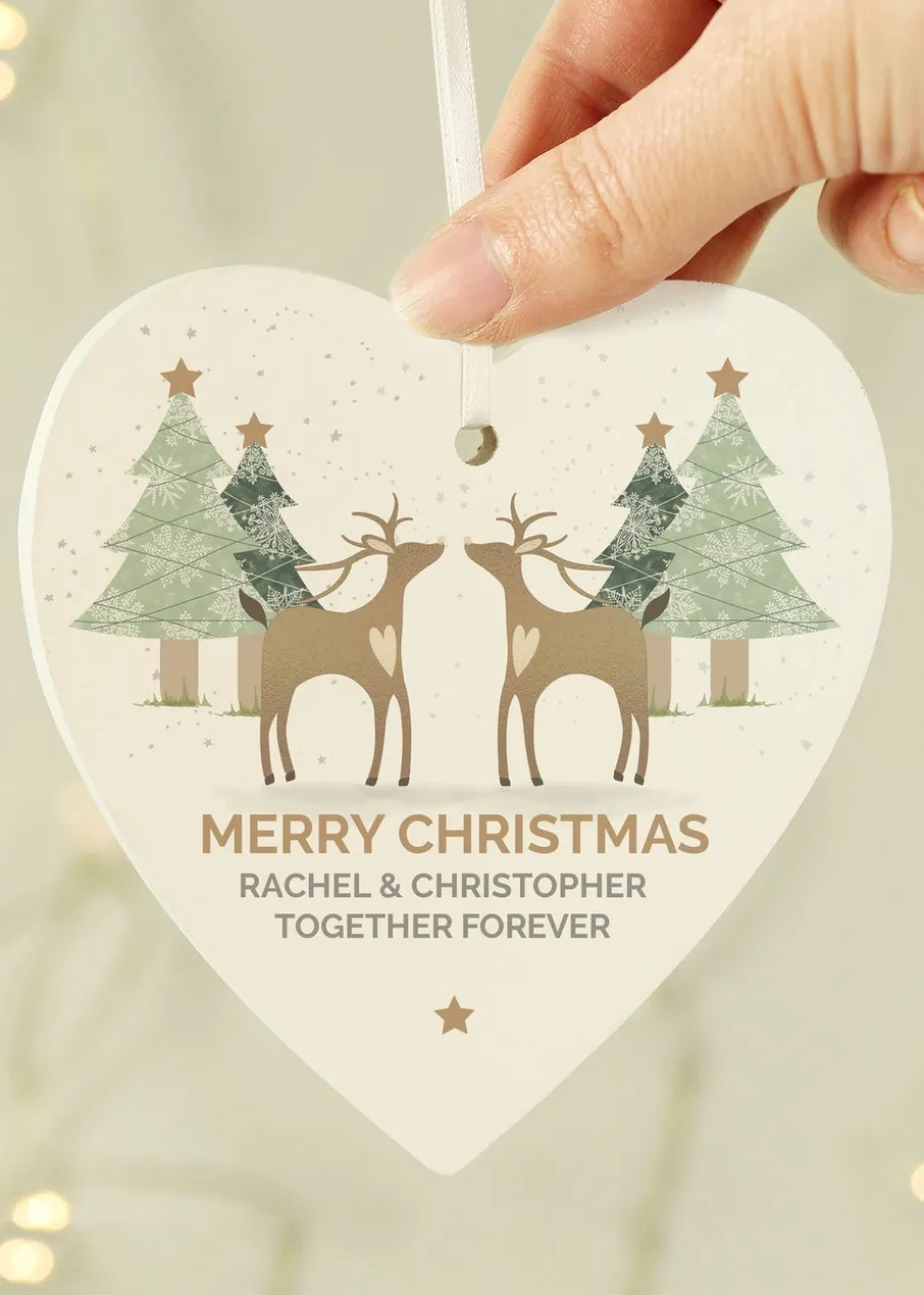 Personalised Memento Company Wood Reindeer Couple Heart Decoration
