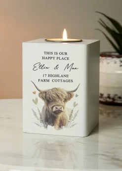 Personalised Memento Company Highland Cow White Wooden Tealight Holder
