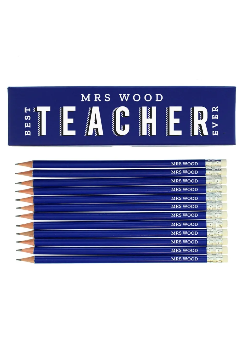 Personalised Memento Company Blue Best Teacher Ever Box with 12 Blue HB Pencils