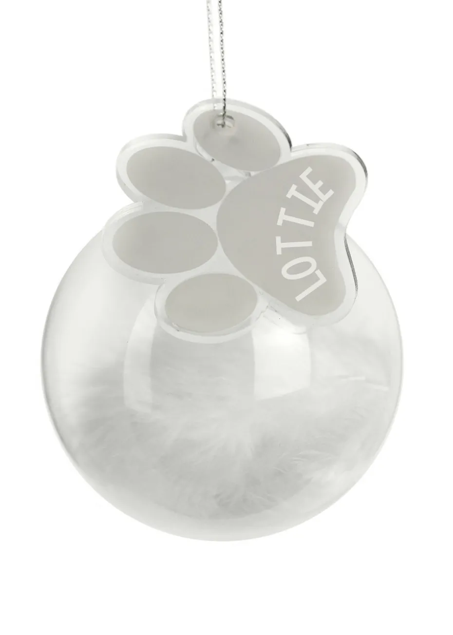 Personalised Memento Company Clear Pets Feather Glass Bauble With Paw Print Tag