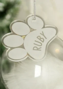 Personalised Memento Company Clear Pets Feather Glass Bauble With Paw Print Tag