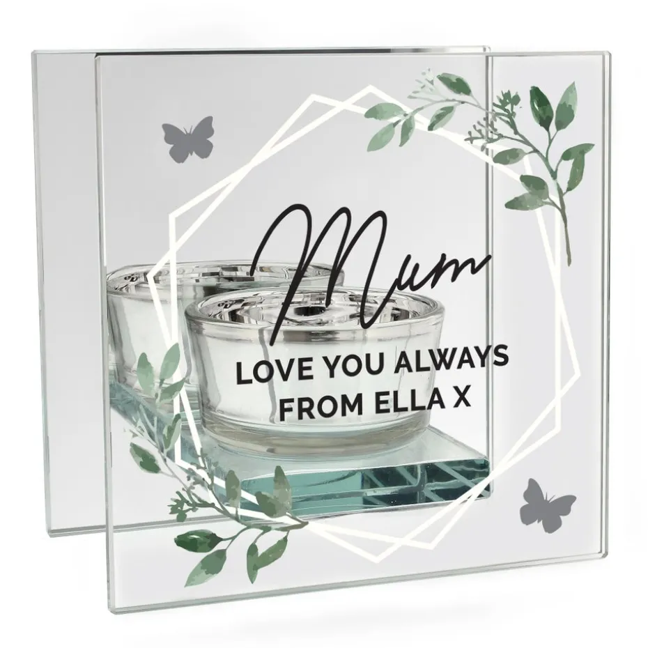 Personalised Memento Company Clear Botanical Mirrored Glass Tea Light Candle Holder