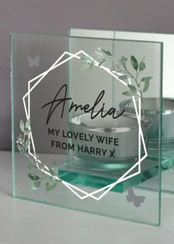 Personalised Memento Company Clear Botanical Mirrored Glass Tea Light Candle Holder