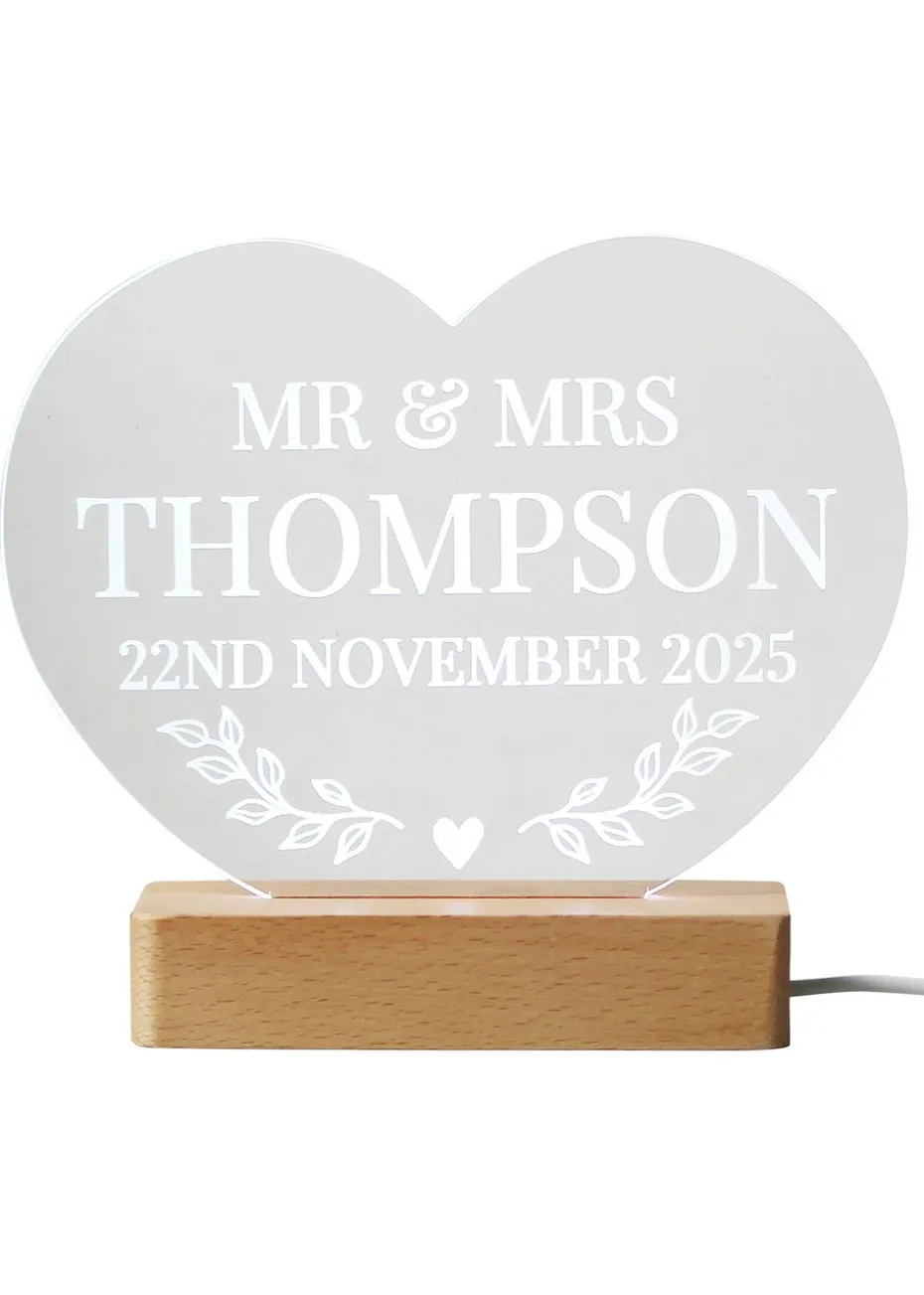 Personalised Memento Company Brown Light Up LED Heart with Wooden Base