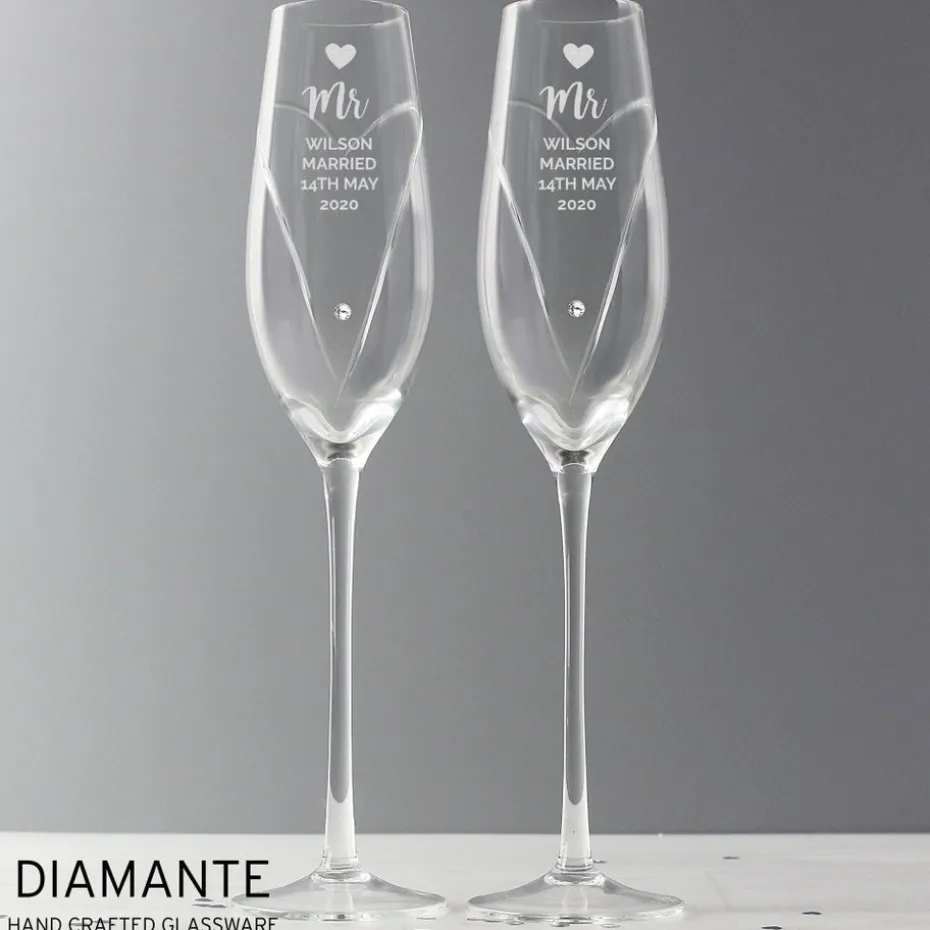 Personalised Memento Company Clear Hand Cut Heart Celebration Pair of Flutes with Gift Box
