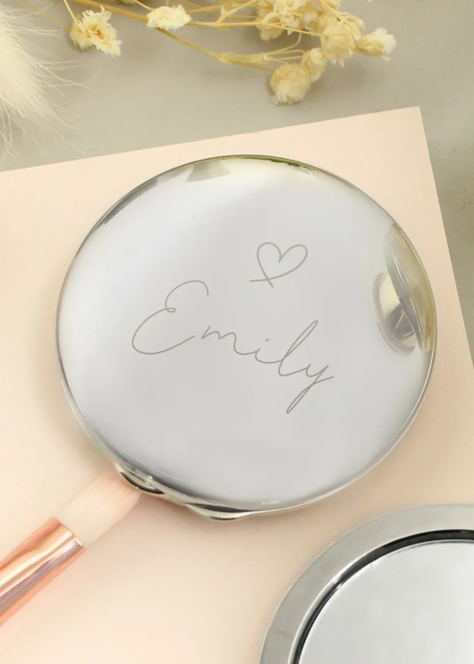 Personalised Memento Company Silver Heart Motif Round Compact Mirror