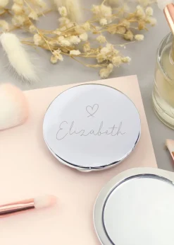 Personalised Memento Company Silver Heart Motif Round Compact Mirror