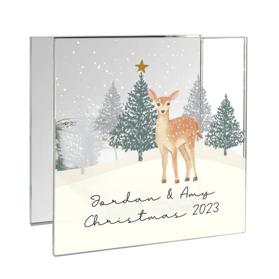 Personalised Memento Company Clear Christmas Deer Glass Tea Light Candle Holder
