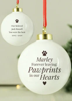 Personalised Memento Company White Pawprints Memorial Bauble