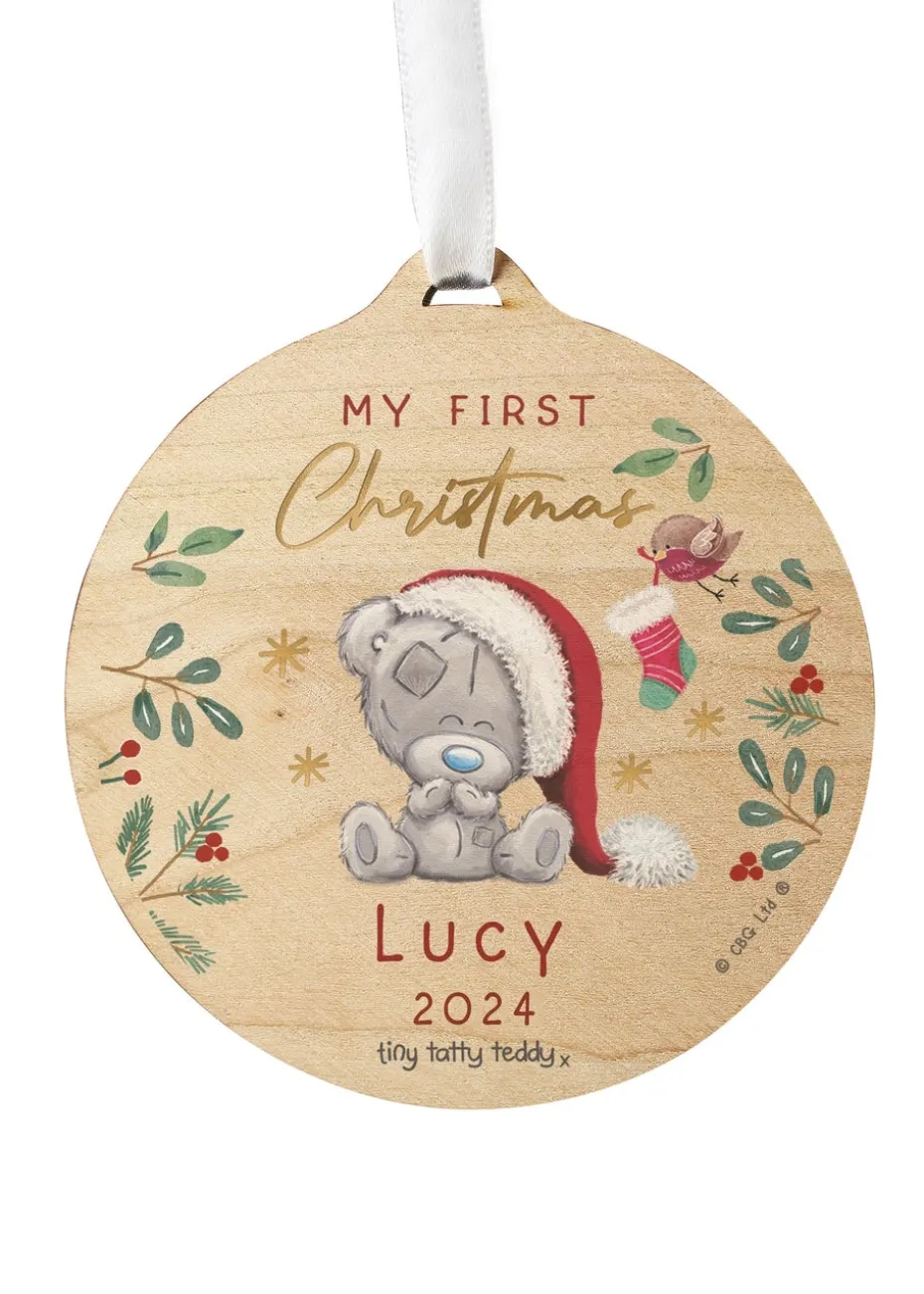 Personalised Memento Company Wood First Christmas Tiny Tatty Teddy Round Decoration