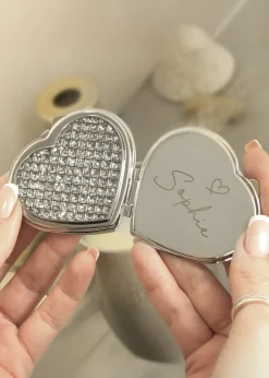Personalised Memento Company Silver Diamante Heart Compact Mirror