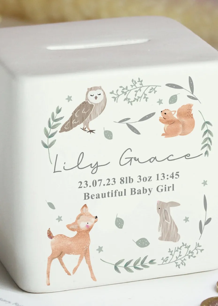 Personalised Memento Company White Woodland Animals Ceramic Square Money Box