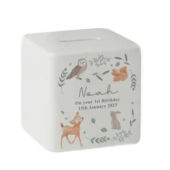 Personalised Memento Company White Woodland Animals Ceramic Square Money Box
