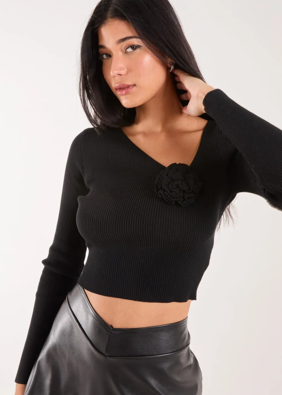 Pink Vanilla Black Corsage Knit Long Sleeve Top