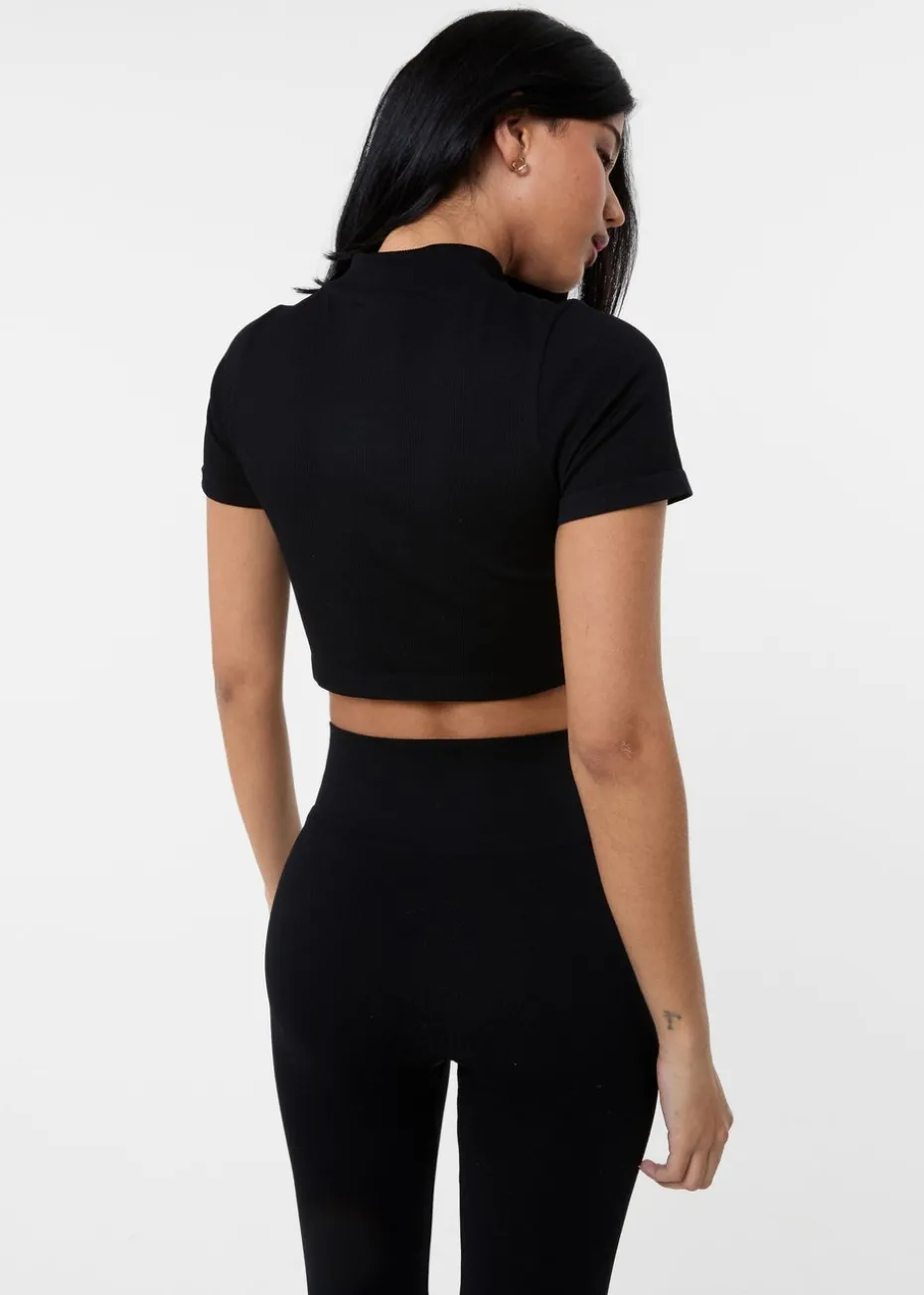 Pink Vanilla Black Double Zip Short Sleeve Rib Top