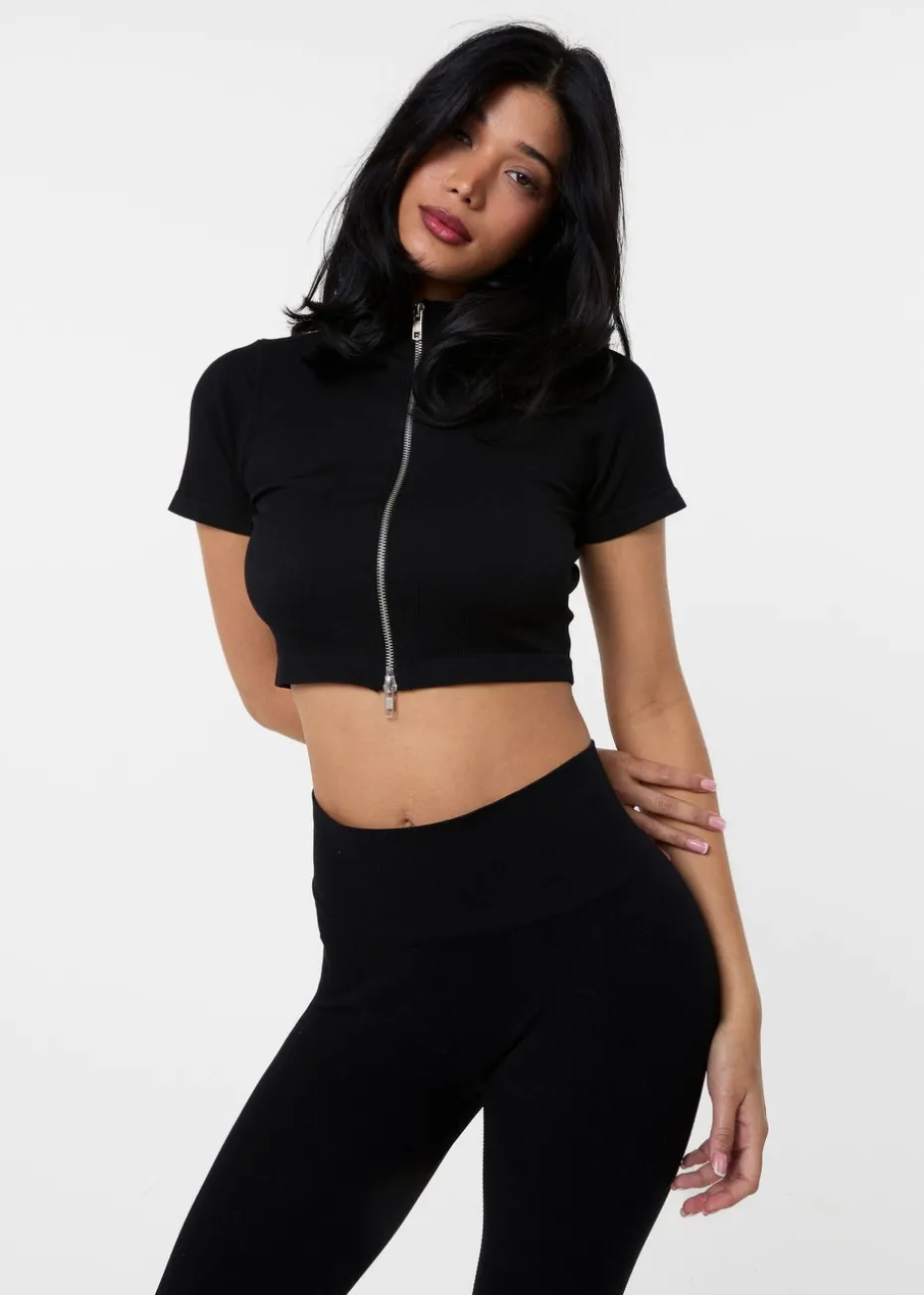 Pink Vanilla Black Double Zip Short Sleeve Rib Top