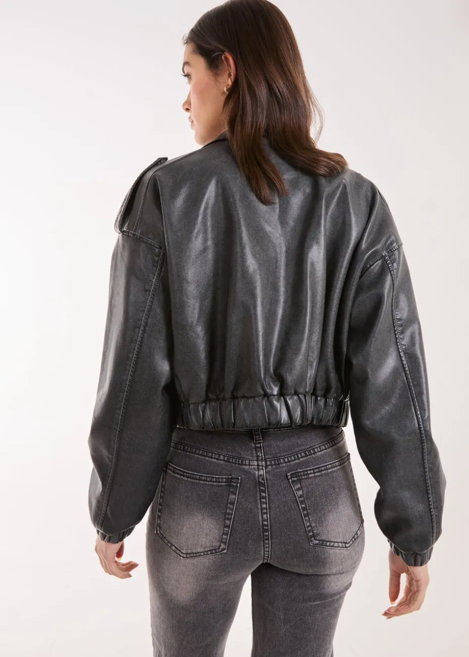 Pink Vanilla Black PU Utility Cropped Bomber Jacket