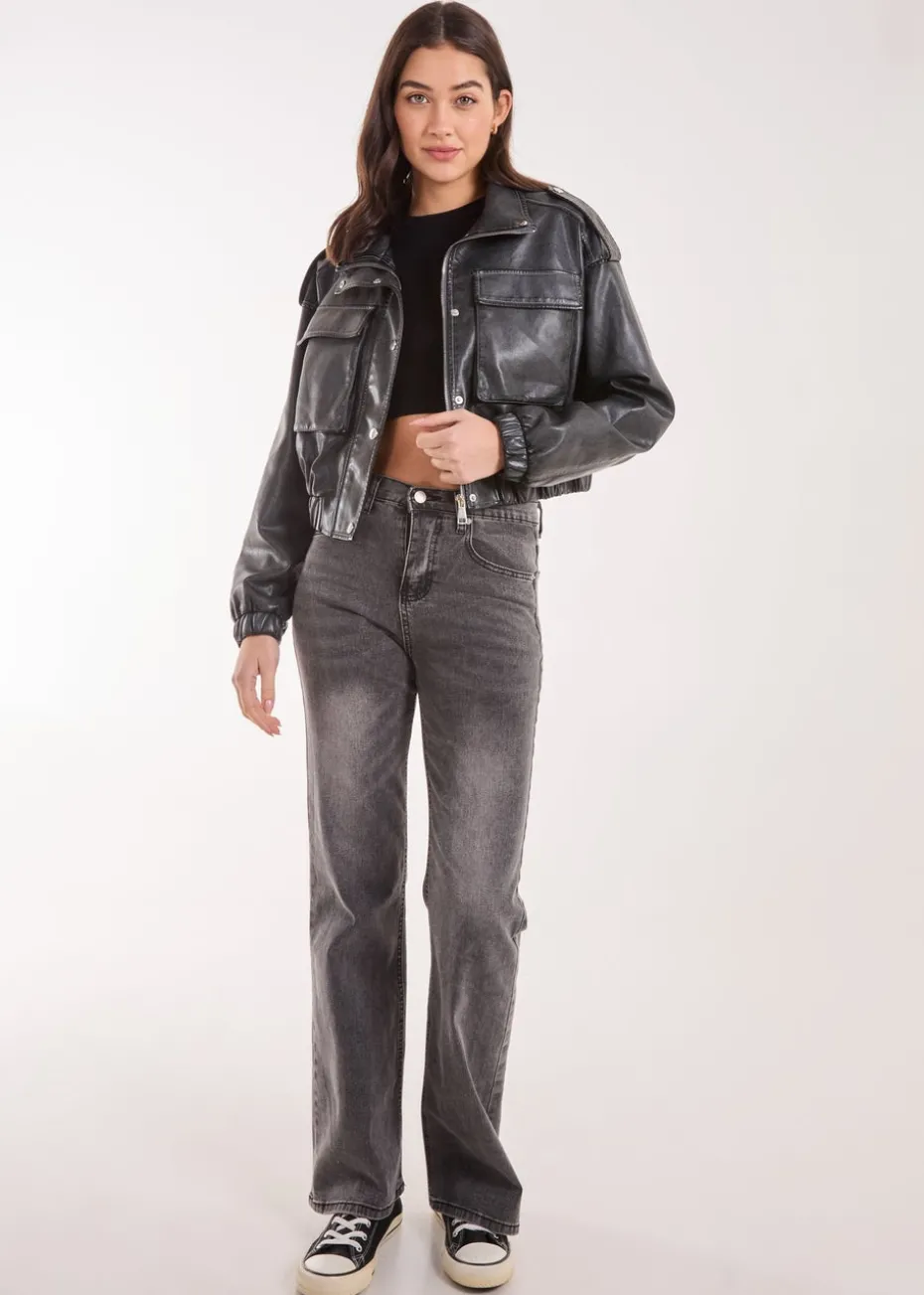 Pink Vanilla Black PU Utility Cropped Bomber Jacket