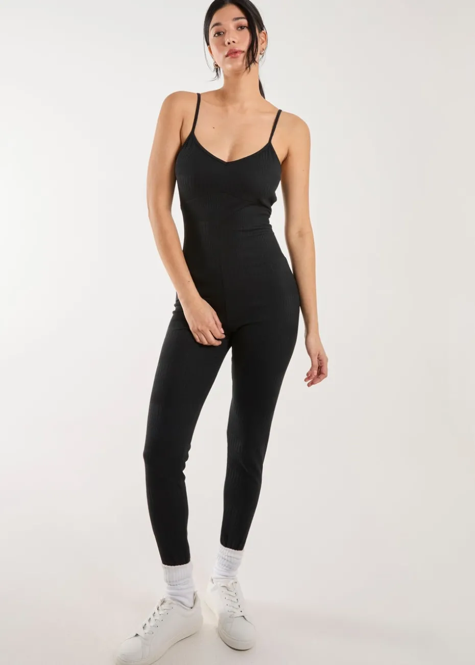 Pink Vanilla Black Ribbed Bodycon Unitard All in One