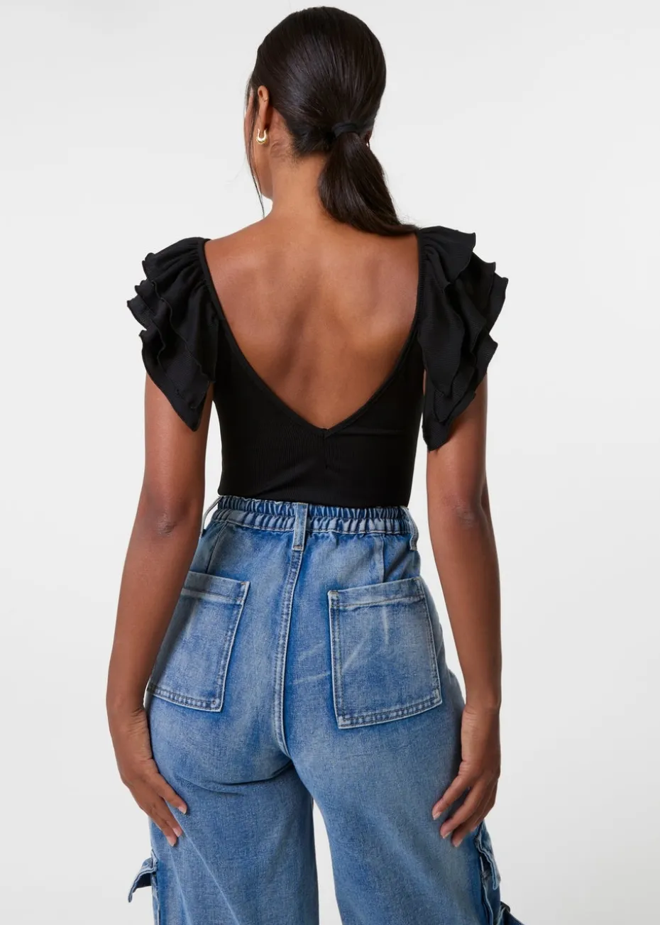 Pink Vanilla Black Ruffle Sleeve Bodysuit