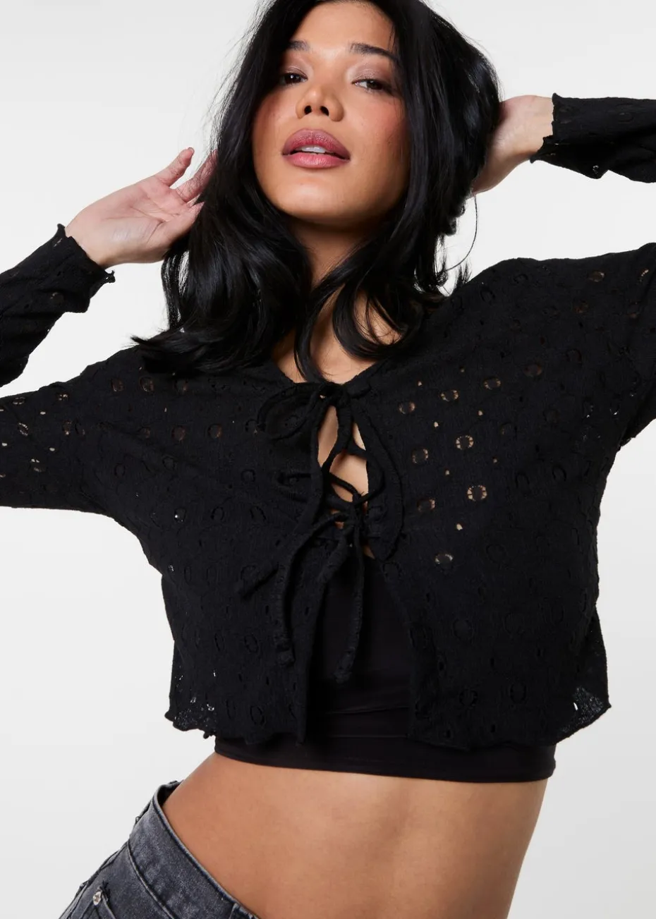 Pink Vanilla Black Tie Front Cutwork Cardigan
